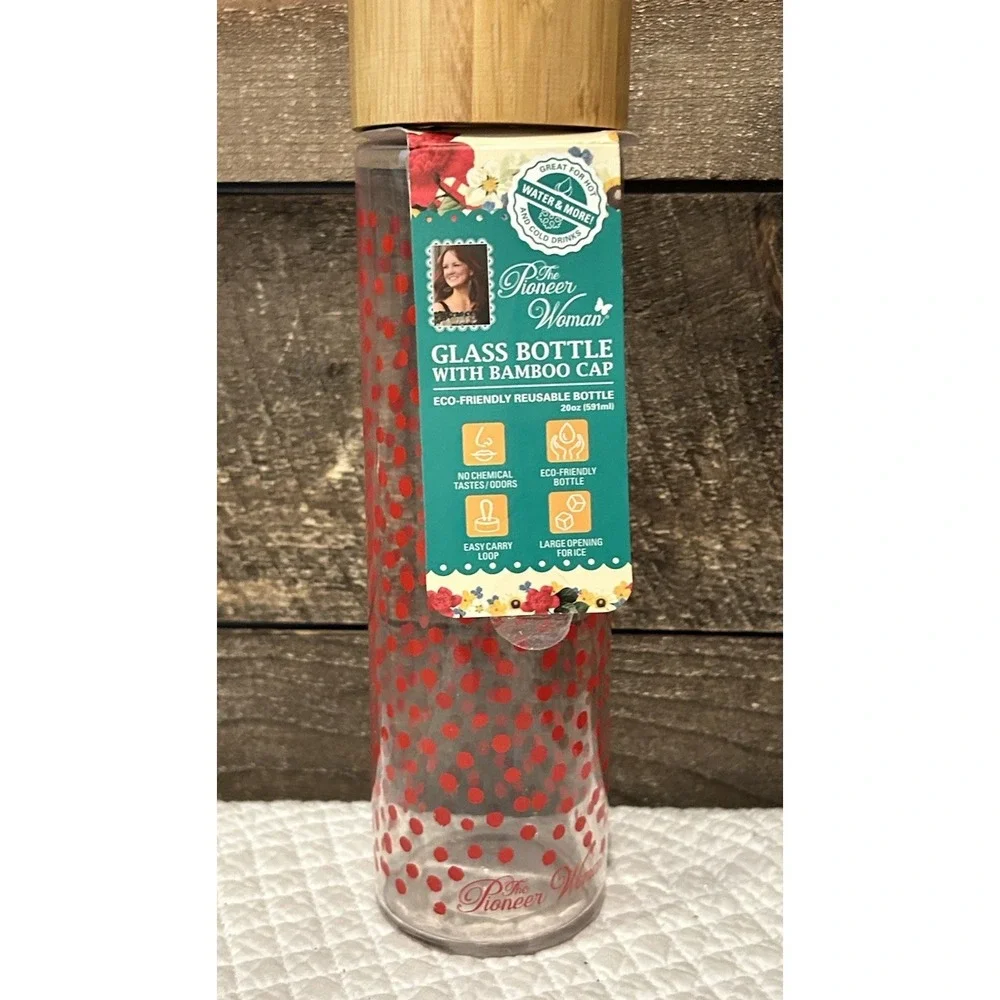 Pioneer Woman Glass Water Bottle with Red Polka Dots 20oz Bamboo Lid Rope Handle